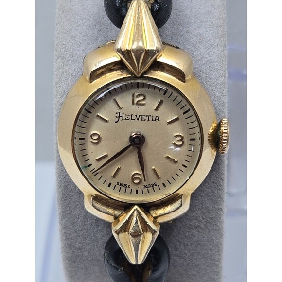 Vintage Helvetia 4483 Swiss Manual Wind Ladies Watch 20 Micron Gold Leather Band main image 7